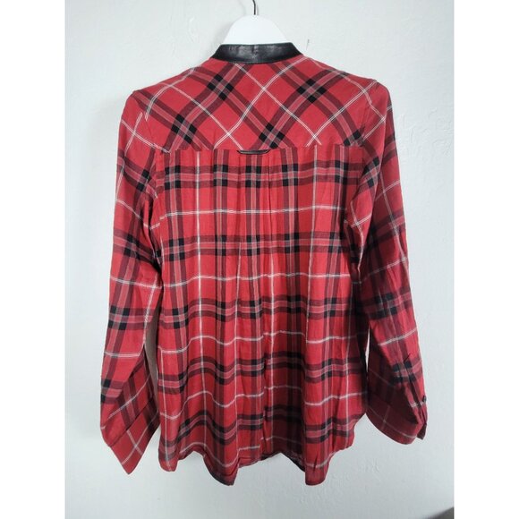 Vince Womens Red Plaid Long Sleeve Button-Up Shirt Size 12 Black Leather Trim - Picture 2 of 8